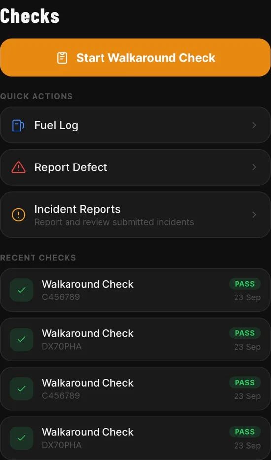 HauliK iOS Checks tab with Start Walkaround Check, Fuel Log, Report Defect, Incident Reports and recent test-account check records