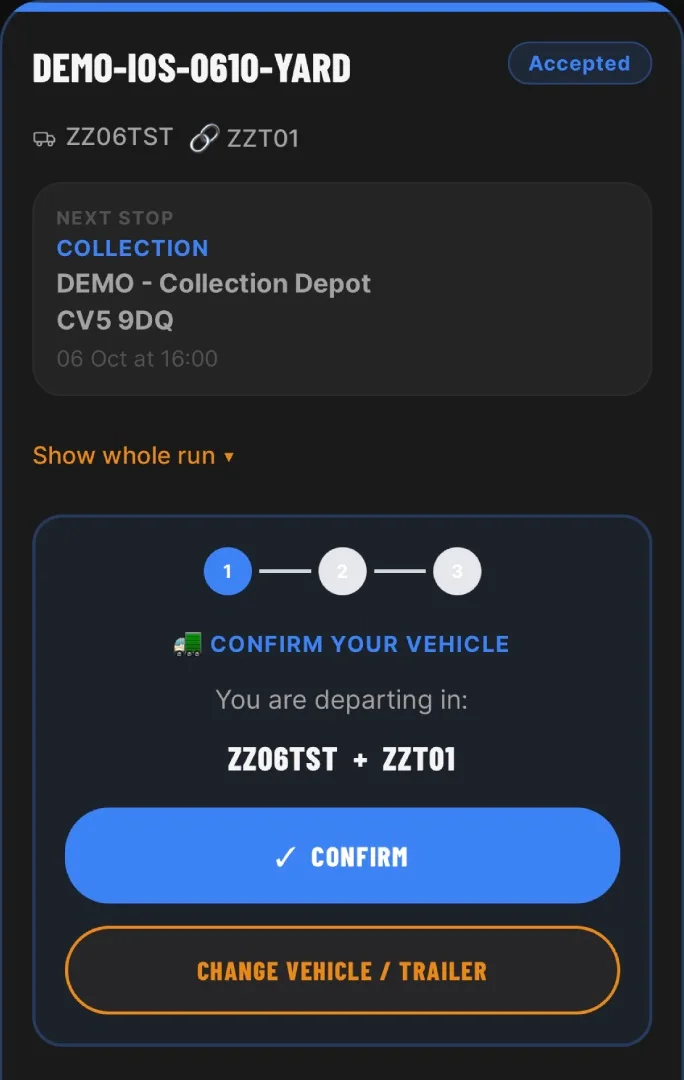 HauliK iOS test job: Confirm the truck and trailer