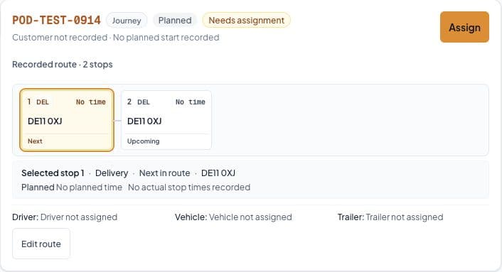HauliK planning search result showing a test job with two delivery stops and driver, vehicle and trailer awaiting assignment